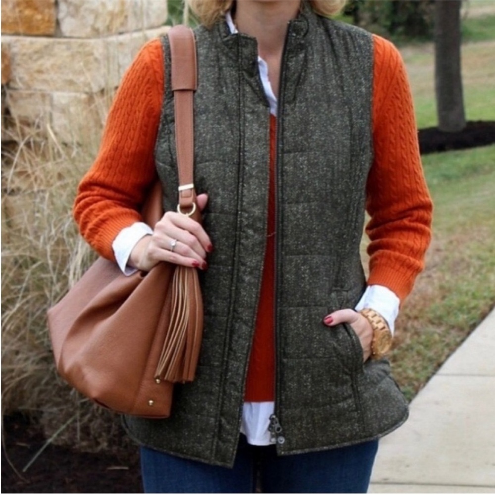 J.Jill Lightweight Green Herringbone Zip Front Puffer Vest Size M